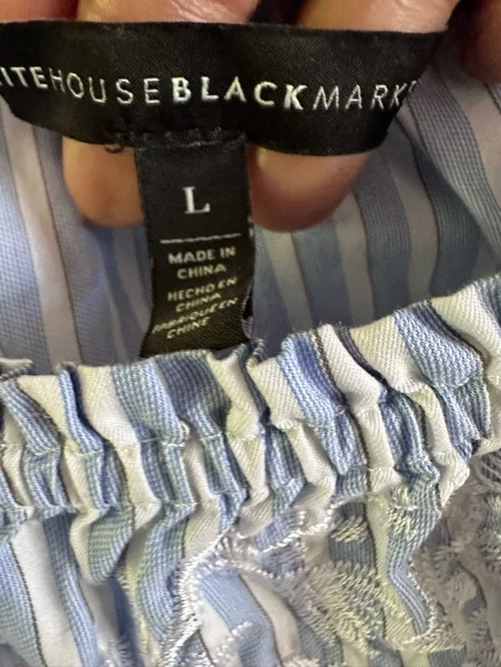 White House Black Market Off Shoulder Embroidered Blouse Blue Stripe Cotton L - Picture 7 of 14